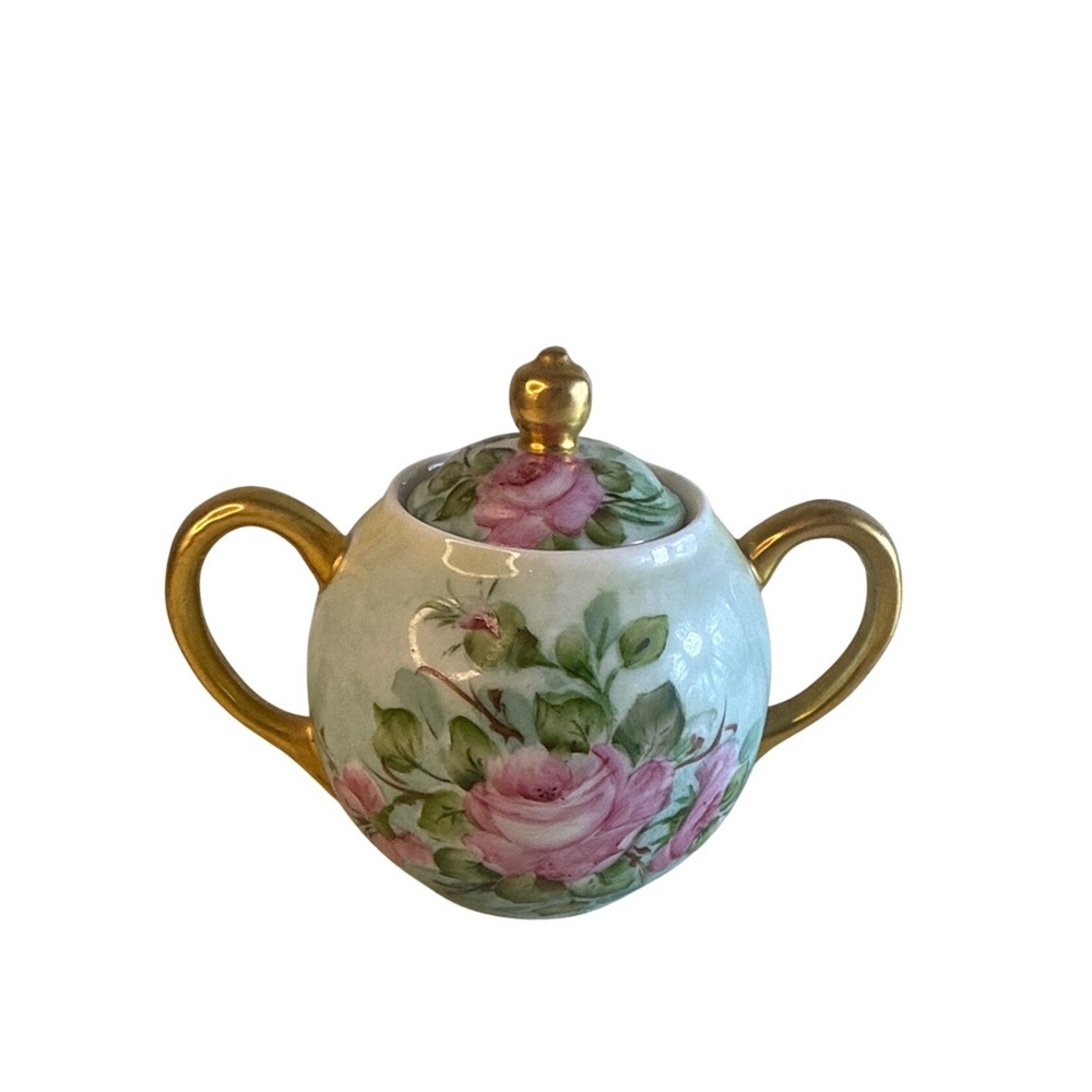 Vintage Hand Painted Porcelain Sugar Bowl Pink Rose Floral Gold Gilt Handles